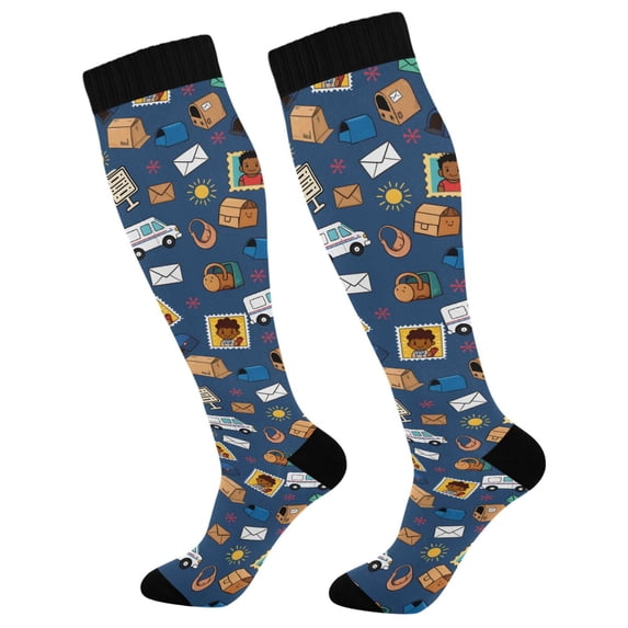 FORMRS Womens Knee High Socks Casual Long Thick Travel Daily Wear, 1 Pair, Cartoon Mail Truck Pattern