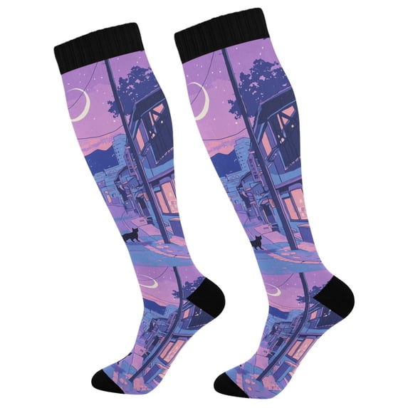 FORMRS Womens Knee High Socks Casual Long Thick Travel Daily Wear, 1 Pair, Cat Walking in Street