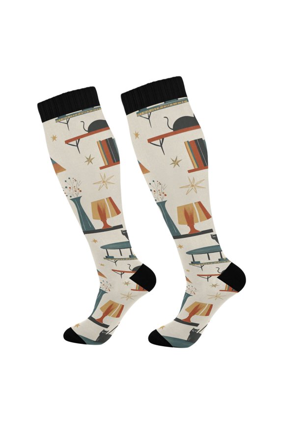 Womens Knee High Socks Casual Long Thick Travel Daily Wear, 1 Pair, Cats Reading Pattern