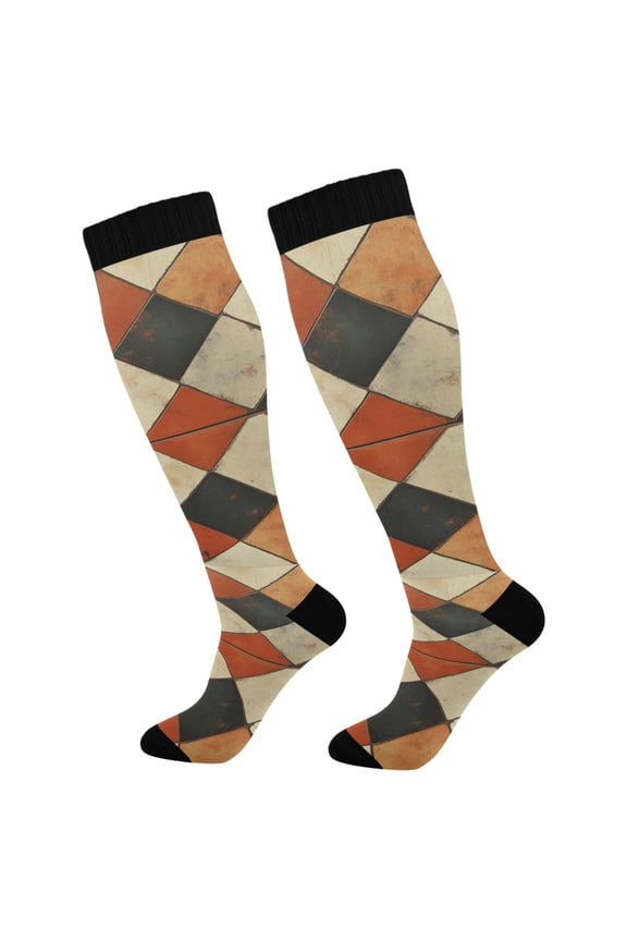Womens Knee High Socks Casual Long Thick Travel Daily Wear, 1 Pair, Checkered Pattern
