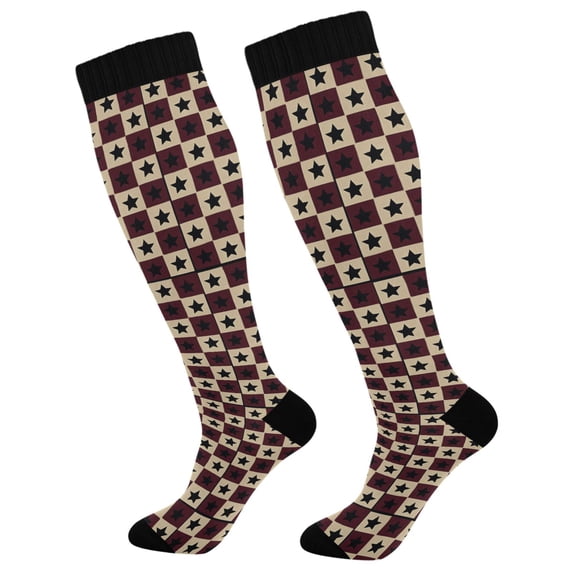 FORMRS Womens Knee High Socks Casual Long Thick Travel Daily Wear, 1 Pair, Checkered Stars Pattern