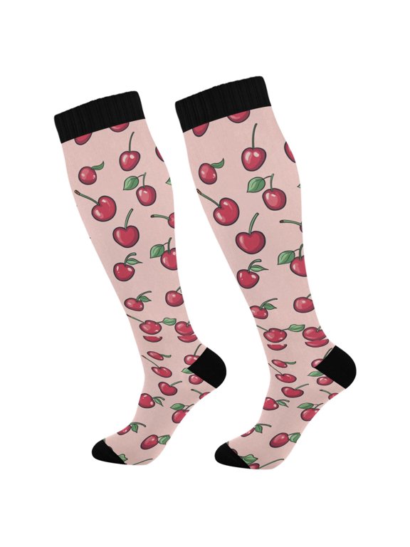 Womens Knee High Socks Casual Long Thick Travel Daily Wear, 1 Pair, Cherries Pattern