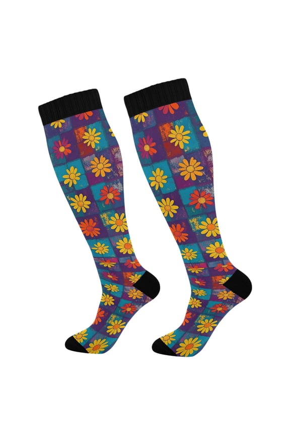 Womens Knee High Socks Casual Long Thick Travel Daily Wear, 1 Pair, Colorful Checkered Daisy