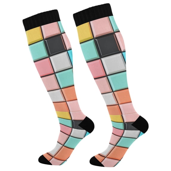 FORMRS Womens Knee High Socks Casual Long Thick Travel Daily Wear, 1 Pair, Colorful Checkered Pattern
