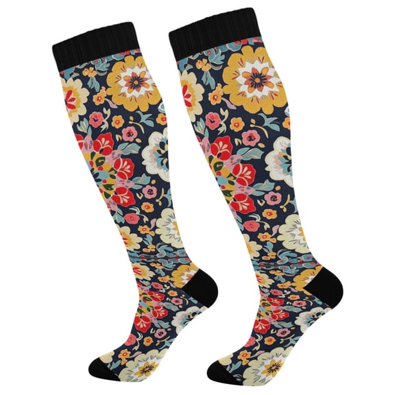 FORMRS Womens Knee High Socks Casual Long Thick Travel Daily Wear, 1 Pair, Colorful Floral Pattern