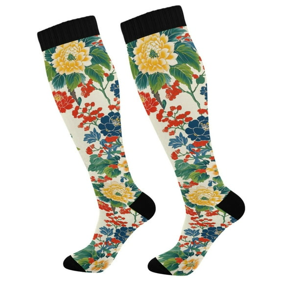 FORMRS Womens Knee High Socks Casual Long Thick Travel Daily Wear, 1 Pair, Colorful Flowers Pattern