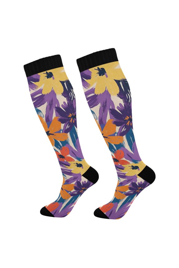 Womens Knee High Socks Casual Long Thick Travel Daily Wear, 1 Pair, Colorful Painted Flowers Pattern