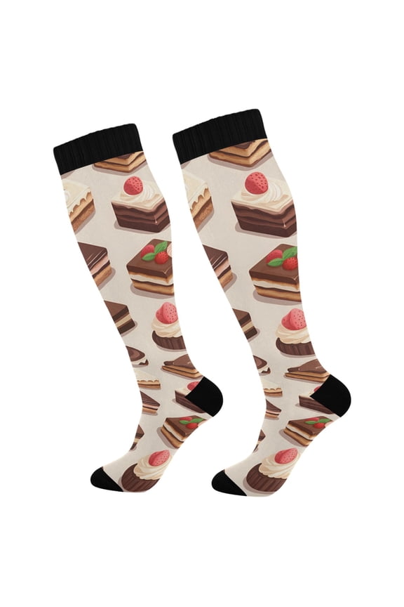 Womens Knee High Socks Casual Long Thick Travel Daily Wear, 1 Pair, Cute Chocolate Cakes