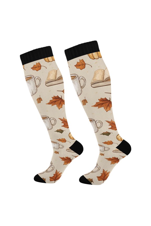 Womens Knee High Socks Casual Long Thick Travel Daily Wear, 1 Pair, Fall Mug Pattern