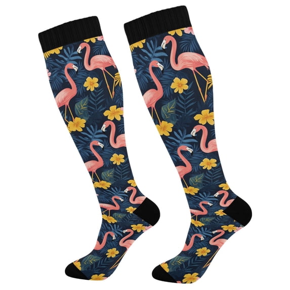 FORMRS Womens Knee High Socks Casual Long Thick Travel Daily Wear, 1 Pair, Floral Flamingo