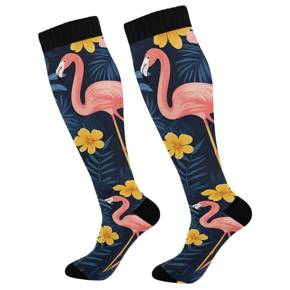 FORMRS Womens Knee High Socks Casual Long Thick Travel Daily Wear, 1 Pair, Floral Flamingo