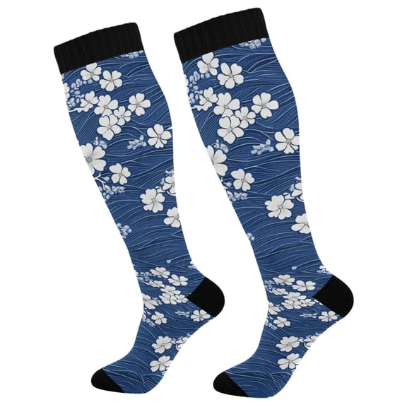FORMRS Womens Knee High Socks Casual Long Thick Travel Daily Wear, 1 Pair, Floral Ocean Waves