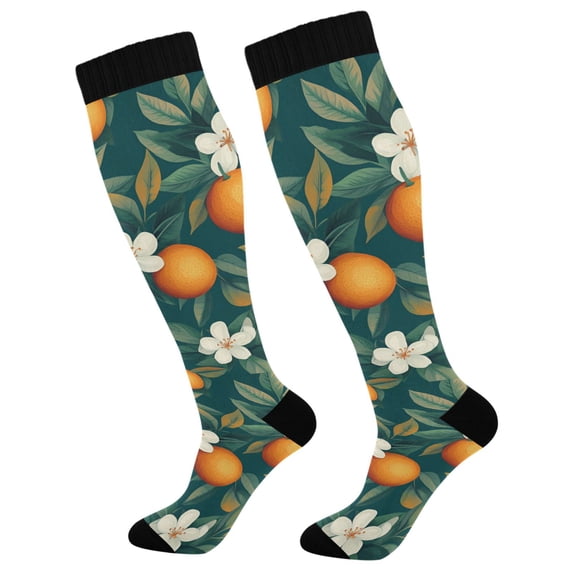 FORMRS Womens Knee High Socks Casual Long Thick Travel Daily Wear, 1 Pair, Floral Orange Pattern