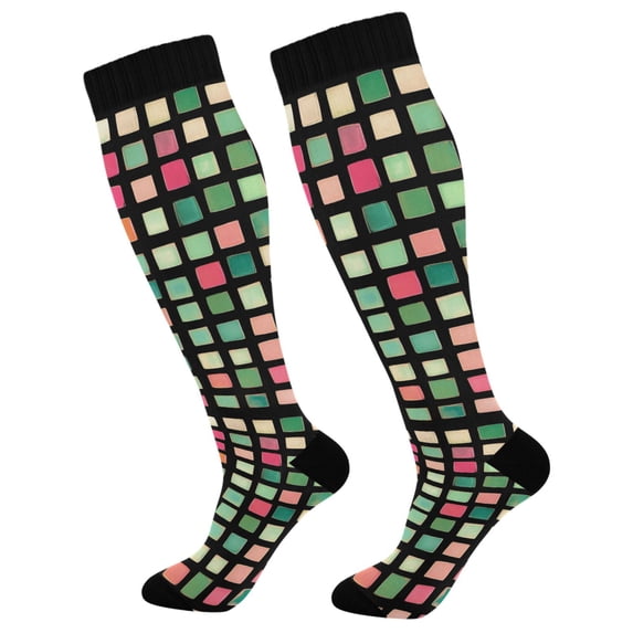 FORMRS Womens Knee High Socks Casual Long Thick Travel Daily Wear, 1 Pair, Green Block Pattern