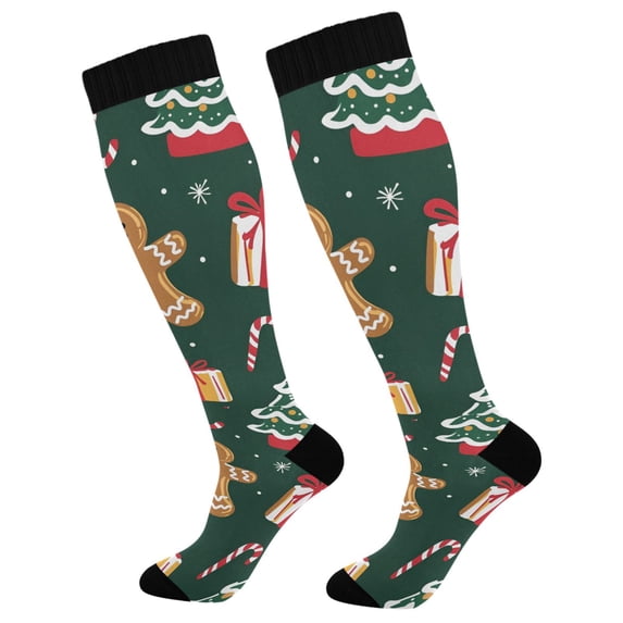 FORMRS Womens Knee High Socks Casual Long Thick Travel Daily Wear, 1 Pair, Green Christmas Gingerbread