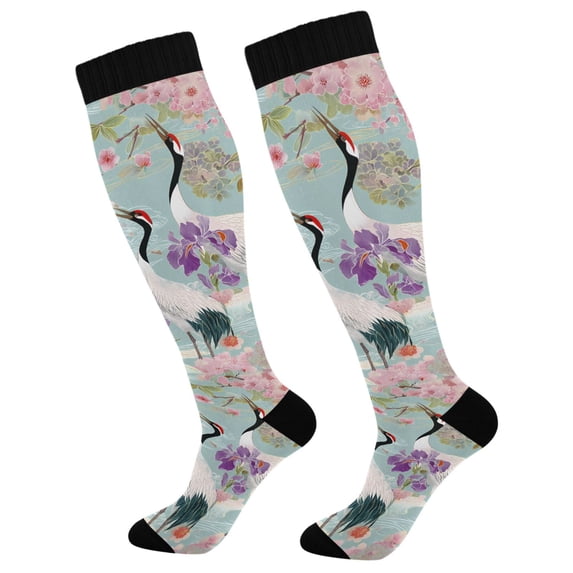 FORMRS Womens Knee High Socks Casual Long Thick Travel Daily Wear, 1 Pair, Green Floral Cranes Pattern