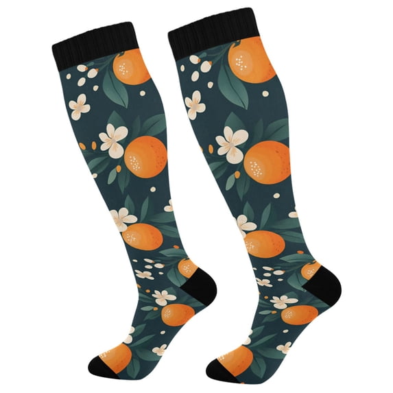 FORMRS Womens Knee High Socks Casual Long Thick Travel Daily Wear, 1 Pair, Green Floral Oranges