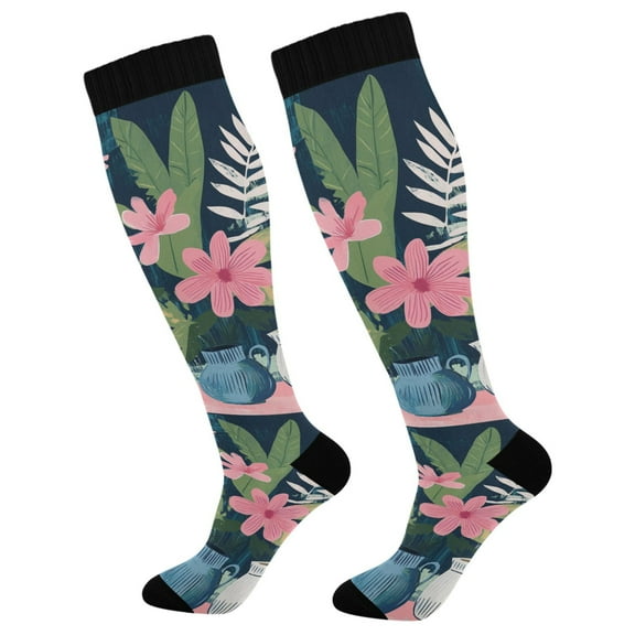 FORMRS Womens Knee High Socks Casual Long Thick Travel Daily Wear, 1 Pair, Green Floral