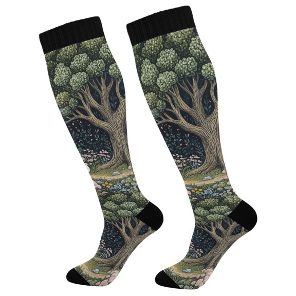 FORMRS Womens Knee High Socks Casual Long Thick Travel Daily Wear, 1 Pair, Green Forest Scene