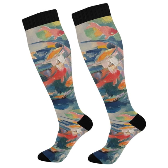 FORMRS Womens Knee High Socks Casual Long Thick Travel Daily Wear, 1 Pair, Green Goldfish