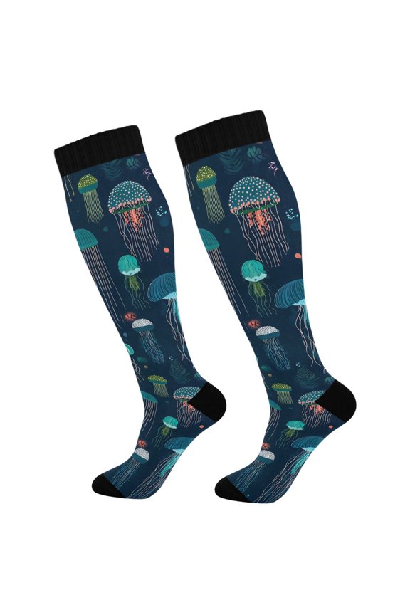 Womens Knee High Socks Casual Long Thick Travel Daily Wear, 1 Pair, Green Jellyfish Pattern