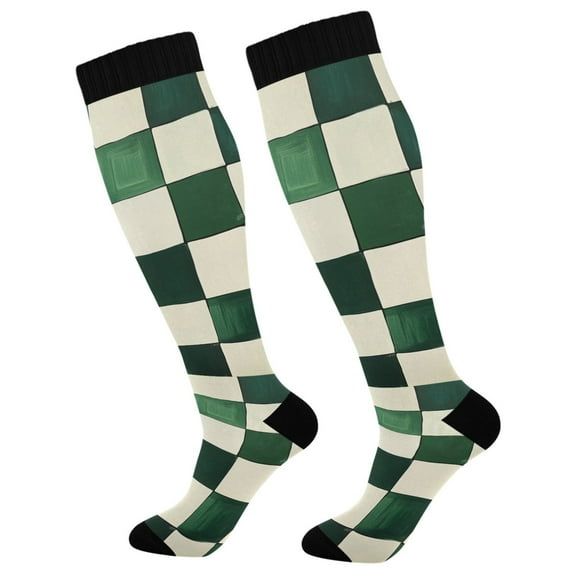 FORMRS Womens Knee High Socks Casual Long Thick Travel Daily Wear, 1 Pair, Green and White Plaid Pattern