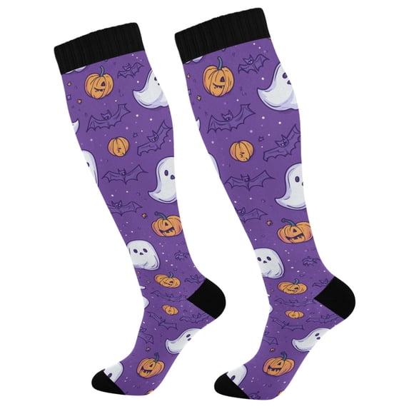 FORMRS Womens Knee High Socks Casual Long Thick Travel Daily Wear, 1 Pair, Halloween Purple Ghosts