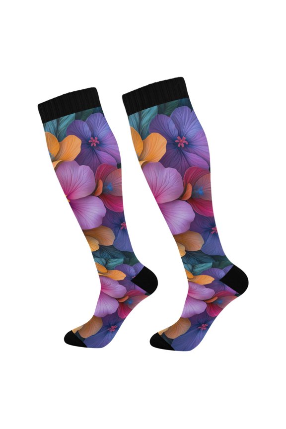 Womens Knee High Socks Casual Long Thick Travel Daily Wear, 1 Pair, Large Purple Flowers