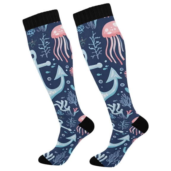 FORMRS Womens Knee High Socks Casual Long Thick Travel Daily Wear, 1 Pair, Light Blue Anchor