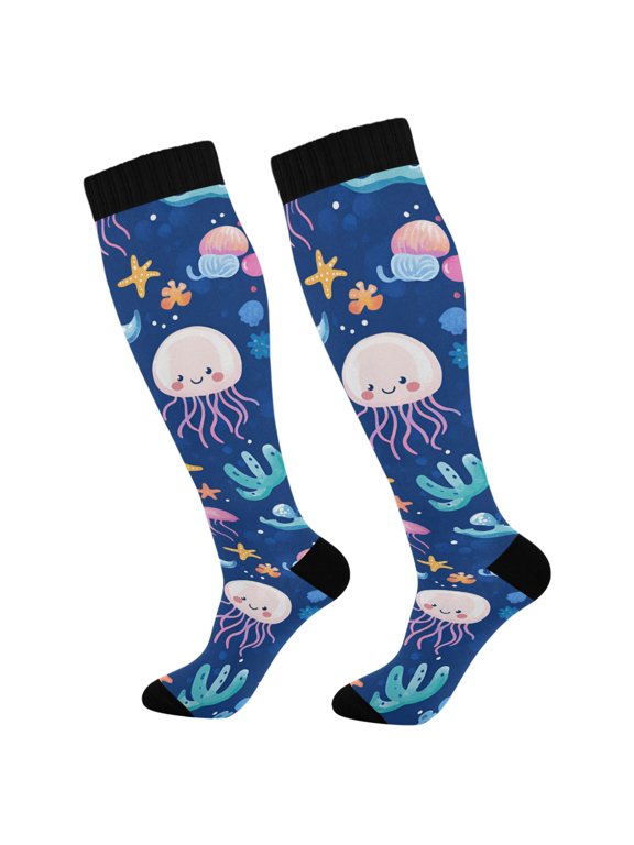 Womens Knee High Socks Casual Long Thick Travel Daily Wear, 1 Pair, Light Pink Jellyfish