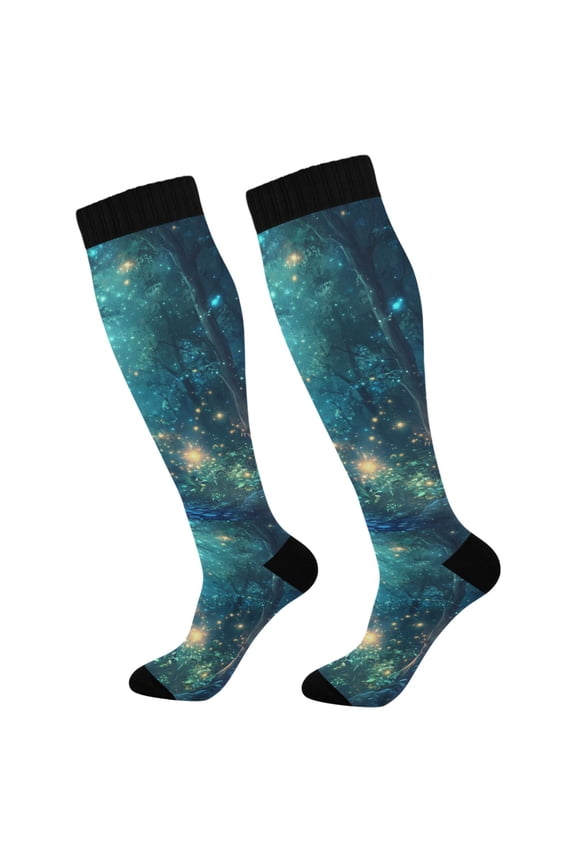Womens Knee High Socks Casual Long Thick Travel Daily Wear, 1 Pair, Magical Forest Glowing Lights