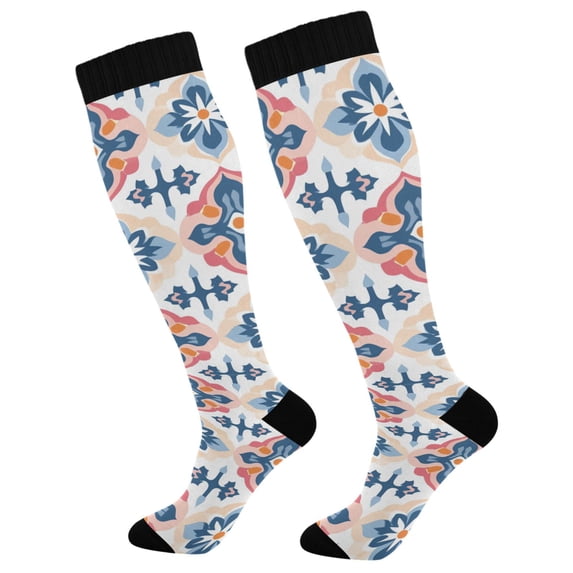 FORMRS Womens Knee High Socks Casual Long Thick Travel Daily Wear, 1 Pair, Navy Blossom Mosaic