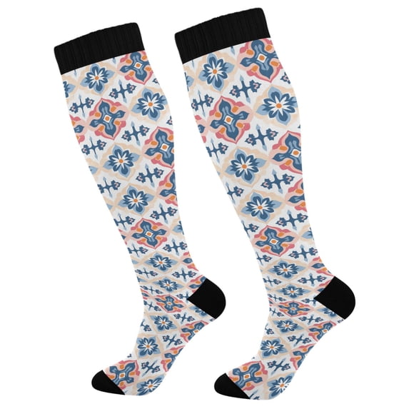 FORMRS Womens Knee High Socks Casual Long Thick Travel Daily Wear, 1 Pair, Navy Blossom Mosaic