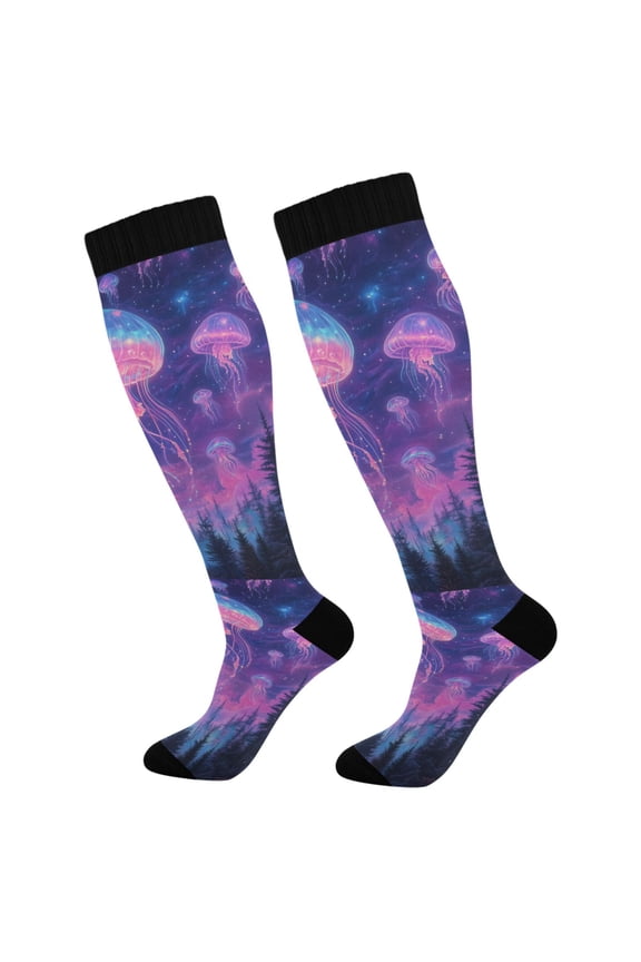 Womens Knee High Socks Casual Long Thick Travel Daily Wear, 1 Pair, Neon Jellyfish