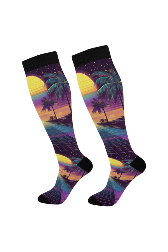 Womens Knee High Socks Casual Long Thick Travel Daily Wear, 1 Pair, Neon Road