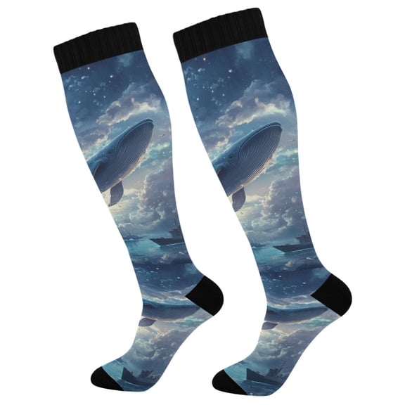 FORMRS Womens Knee High Socks Casual Long Thick Travel Daily Wear, 1 Pair, Night Floating Whale