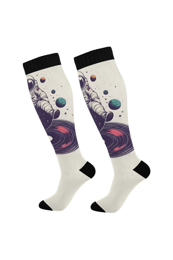 Womens Knee High Socks Casual Long Thick Travel Daily Wear, 1 Pair, Orange Astronaut Planet