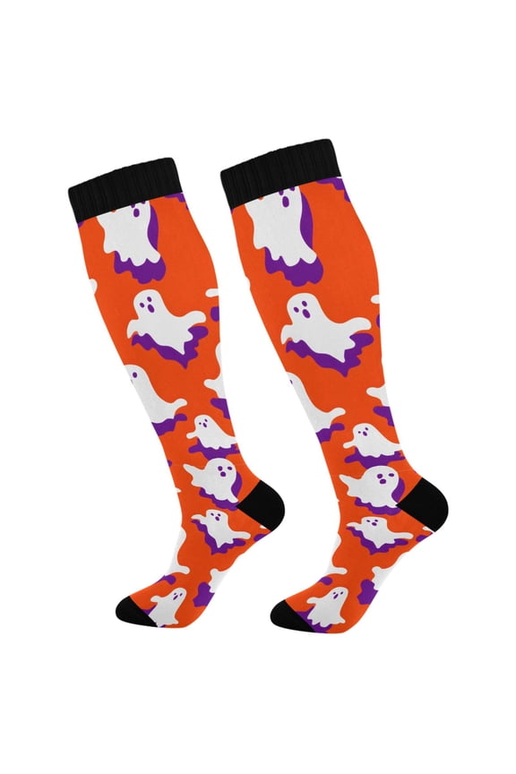 Womens Knee High Socks Casual Long Thick Travel Daily Wear, 1 Pair, Orange Cartoon Ghost Pattern
