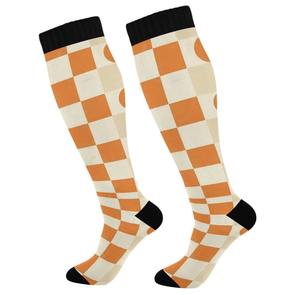 FORMRS Womens Knee High Socks Casual Long Thick Travel Daily Wear, 1 Pair, Orange Checkered Pattern
