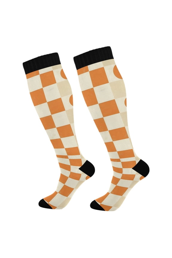 Womens Knee High Socks Casual Long Thick Travel Daily Wear, 1 Pair, Orange Checkered Pattern