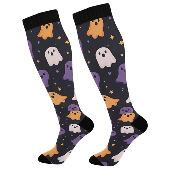 FORMRS Womens Knee High Socks Casual Long Thick Travel Daily Wear, 1 Pair, Orange Halloween Ghosts