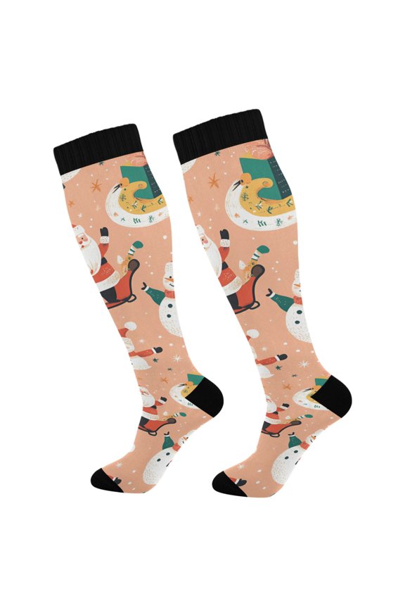 Womens Knee High Socks Casual Long Thick Travel Daily Wear, 1 Pair, Pink Christmas Santa