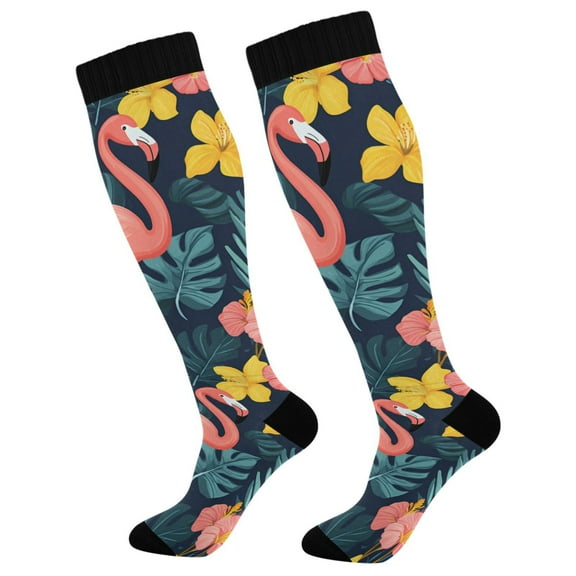 FORMRS Womens Knee High Socks Casual Long Thick Travel Daily Wear, 1 Pair, Pink Floral Flamingo