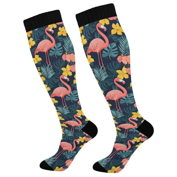 FORMRS Womens Knee High Socks Casual Long Thick Travel Daily Wear, 1 Pair, Pink Floral Flamingo