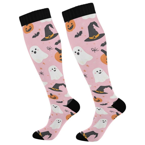 FORMRS Womens Knee High Socks Casual Long Thick Travel Daily Wear, 1 Pair, Pink Halloween Ghosts