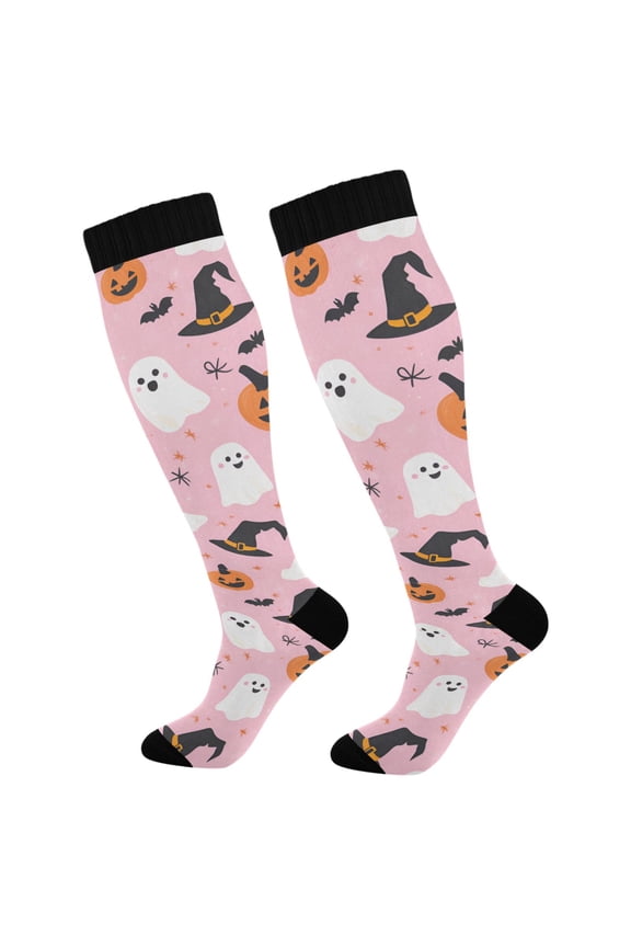 Womens Knee High Socks Casual Long Thick Travel Daily Wear, 1 Pair, Pink Halloween Ghosts