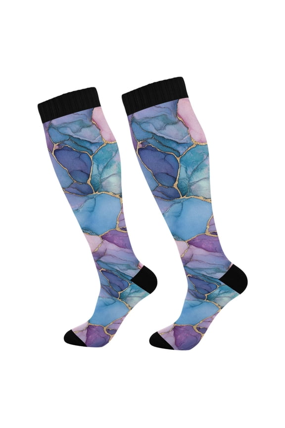 Womens Knee High Socks Casual Long Thick Travel Daily Wear, 1 Pair, Pink Marble Pattern