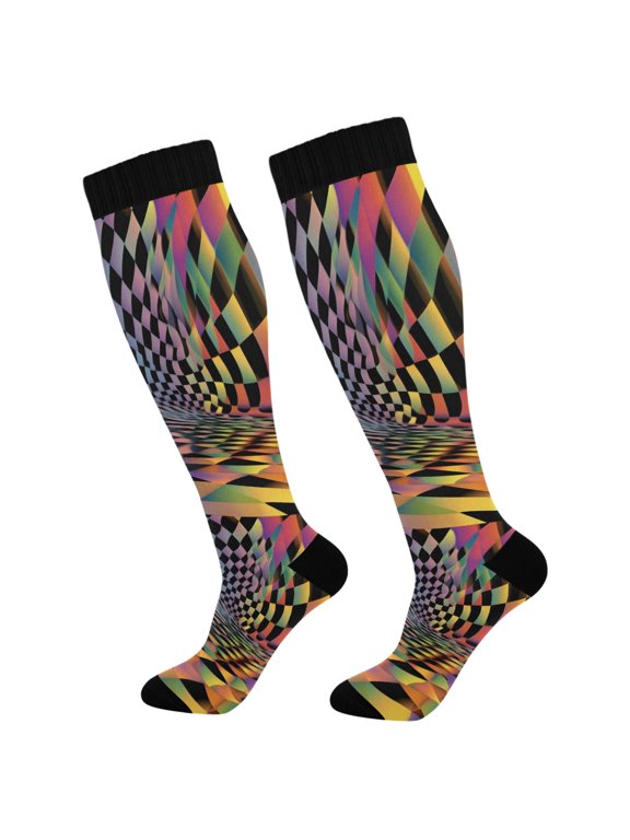 Womens Knee High Socks Casual Long Thick Travel Daily Wear, 1 Pair, Pink Wavy Plaid