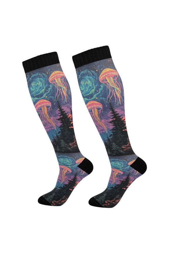 Womens Knee High Socks Casual Long Thick Travel Daily Wear, 1 Pair, Psychedelic Jellyfish