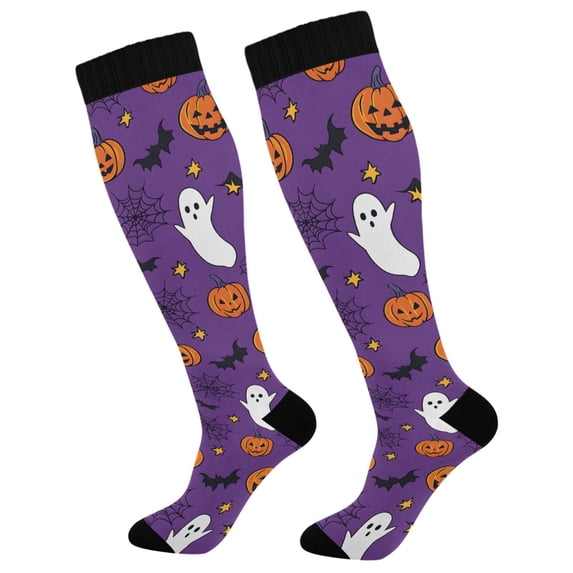 FORMRS Womens Knee High Socks Casual Long Thick Travel Daily Wear, 1 Pair, Purple Halloween Ghost Pattern